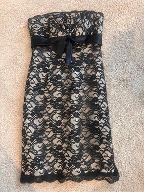 White House Black Market Strapless Black Lace Cocktail Dress with Satin Bow